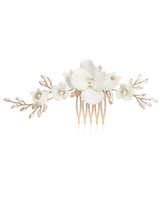 Sternenauge gro&szlig;er floraler Haarschmuck ALBA f&uuml;r die Braut mit &uuml;ppigen Keramikblumen und S&uuml;&szlig;wasserperlen in Ros&eacute;goldoldton