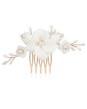 Roségoldfarbener Haarkamm ALBA klein mit weißen Blüten und Knospen von Sternenauge