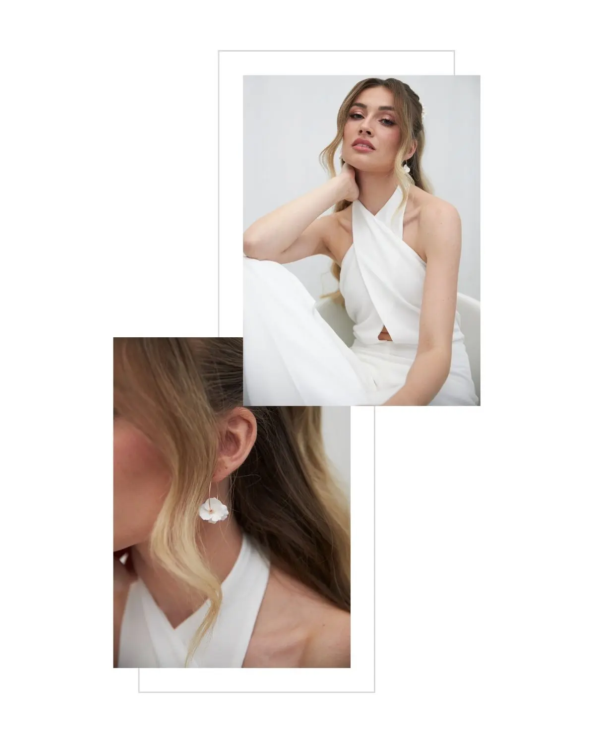 Brautschmuck Ohrringe Creolen LEXI, 925 Sterling Silber 18K Vergoldung mit weißen Blüten, Styling von Alexandra Lederer