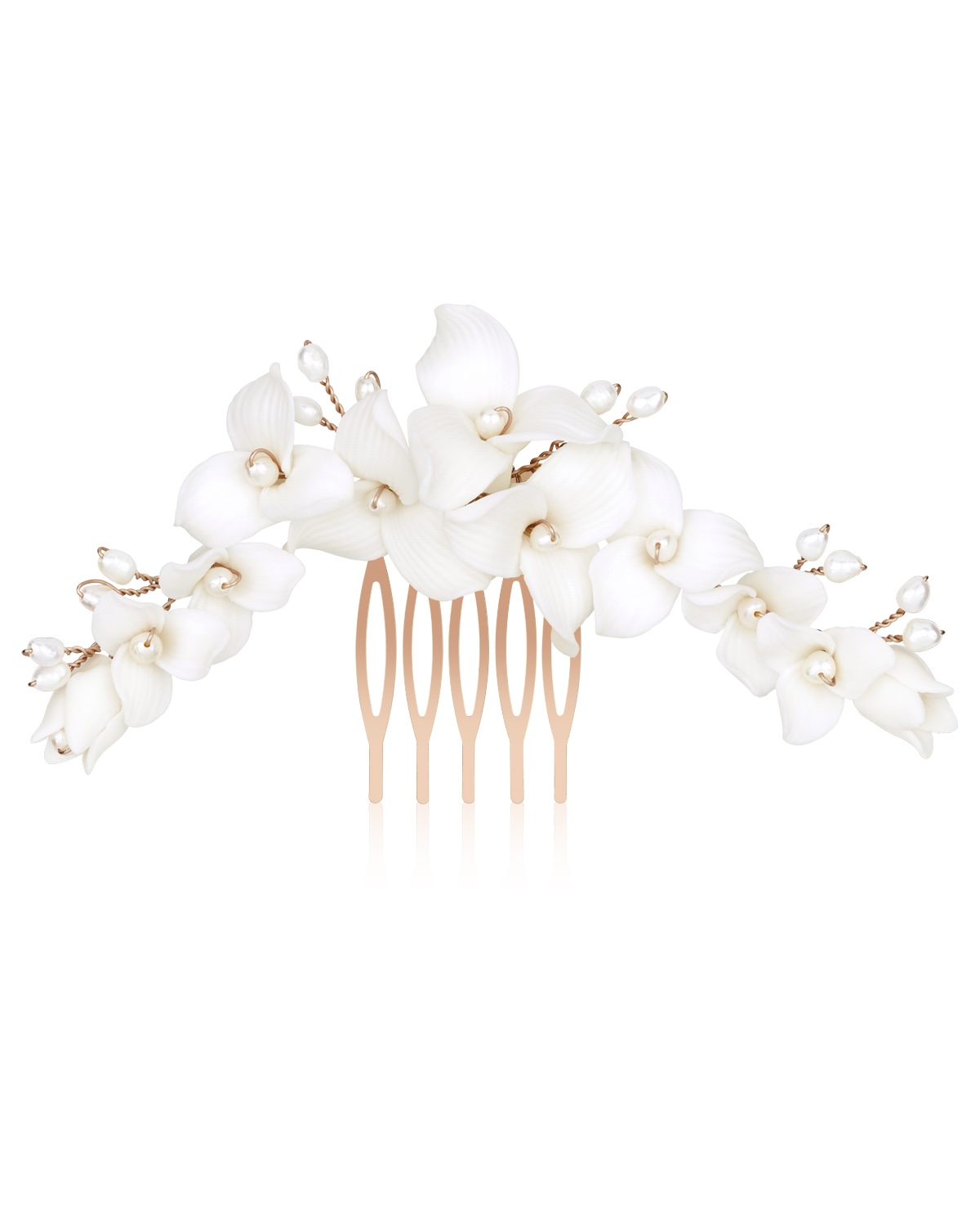 FELICITAS rossgoldfarbener Haarkamm mit weißen Blumen und Perlen von Sternenauge