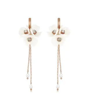 Romantische lange Statement-Ohrringe mit zarten Blüten, Strass und fließenden Ketten für die Braut aus 925 Sterling Silber 18K Rosévergoldung
