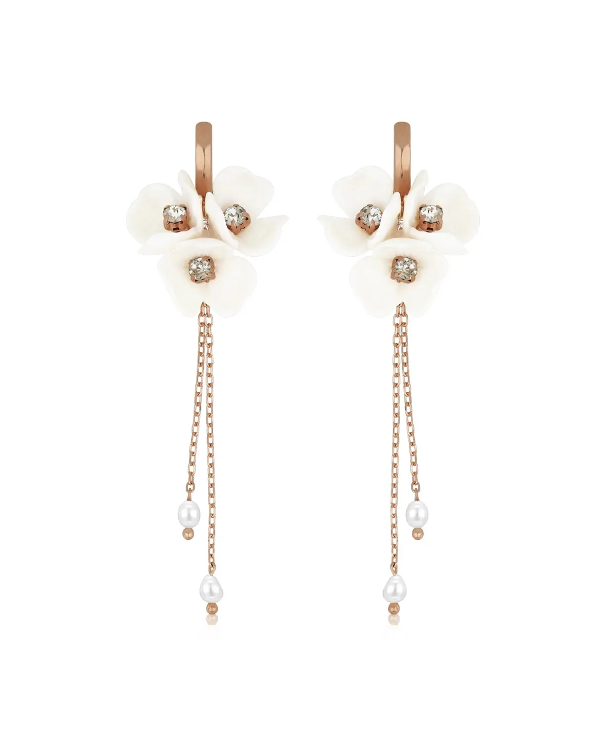 Romantische lange Statement-Ohrringe mit zarten Blüten, Strass und fließenden Ketten für die Braut aus 925 Sterling Silber 18K Rosévergoldung