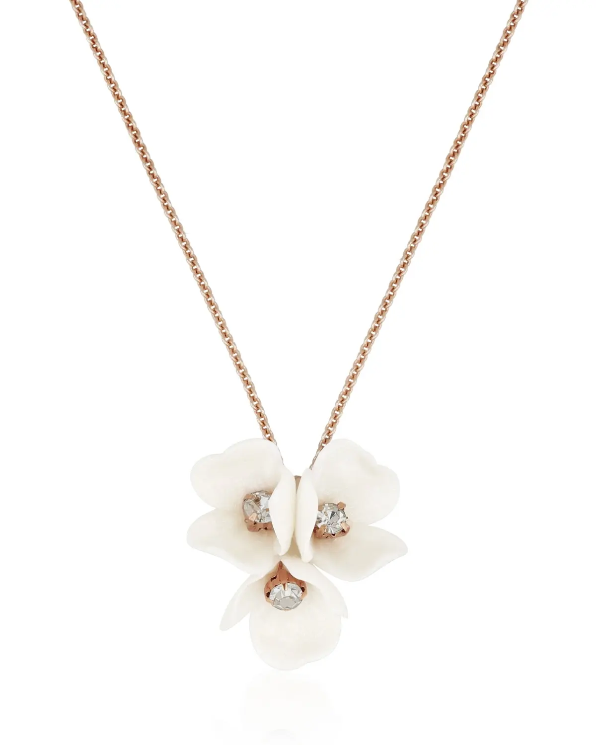 Romantische Halskette CLEO 925 Sterling Silber 18K rosévergoldet mit drei zarten Blütenelementen und Strassteinchen als Hochzeitsschmuck